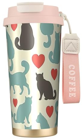 Happy Walking Kitty, borraccia termica in acciaio inox, per donne e uomini, con coperchio a prova di perdite, colore rosa