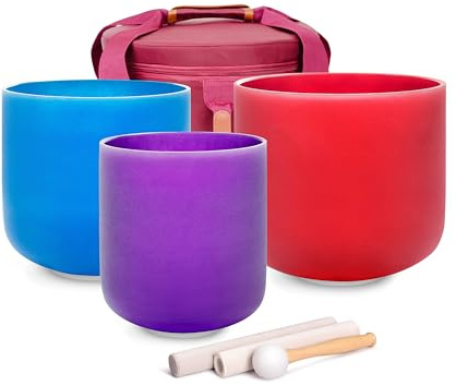 Alioth (6C+8G+10D) Set of 3 Color Crystal Singing Bowls with Carrying Case and Singing Bowl Mallets