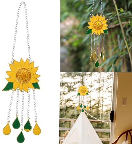 Sonnenblumen-Windspiel, Sonnenblume, Hängeschild, tropfender Anhänger, gebeizt, Gartendekoration, Dekoration für drinnen und draußen, Schlafzimmer, Wohnzimmer, Fenster, Korridor, Hof, Dekoration (Gold