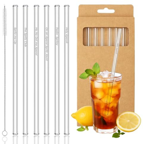 Transparent Φ8mm Trinkhalme Glas - 6 Stück Glasstrohhalme Engraved, Wiederverwendbare für Cocktails, Smoothie und Säfte, Aperol Glasstrohhalm Geschenkset für Aperol Spritz-Enthusiasten macht (20cm)