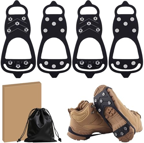 2 Pairs Ice Cleats for Shoes and Boots, Universal Non Slip Hiking Spikes, Micro Shoe Spikes for Snow and Ice, Durable Snow Crampons for Winter Hiking Climbing Ice Fishing, 8 Steel Studs Gripper Spike
