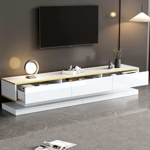 Moderno mueble para televisión de 200 cm de ancho, alto brillo, con 3 cajones, blanco cálido y borde dorado, espacio de almacenamiento para salón, mesa de televisión de hasta 80 pulgadas, montaje