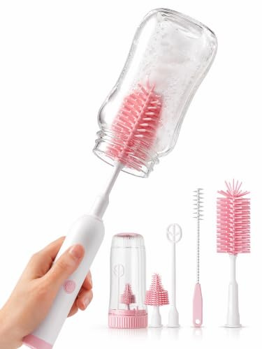 Electric Silicone Bottle Brush Baby Set, Pink | UV light sterilisation, IPX7 waterproof, 90 min running time, for baby bottles, teat breast pumps