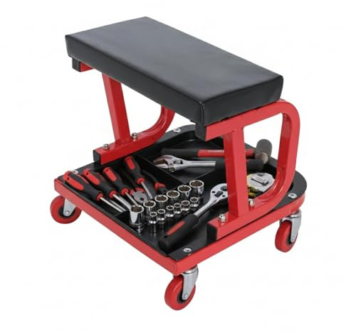 Sbz Heavy Duty 150kg Capacity Rolling Mechanics Stool | Soft Padded Creeper Stool Trolley with 4 Compartment Rolling Tool Tray | 4 Universal Casters, Heavy Duty Garage Workshop Seat Chair