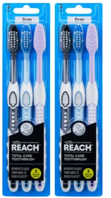 REACH Total Care Firm Zahnbürste - 2 x 3er Pack (6 Bürsten), kompakter Kopf mit V-Trim Borsten, Zungenreiniger & rutschfestem Griff, entfernt Plaque, sanft zu empfindlichen Zähnen, tierversuchsfrei