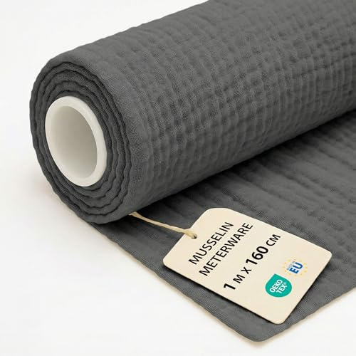 Musselin Stoff Meterware 1 M x 160 cm - Baumwollstoff Stoffe zum Nähen ideal für Bettwäsche Decke Kinder Tuch Tischläufer leichte Baumwolle Fabric Musselinstoff Oeko-Tex-Zertifikat Dunkelgrau