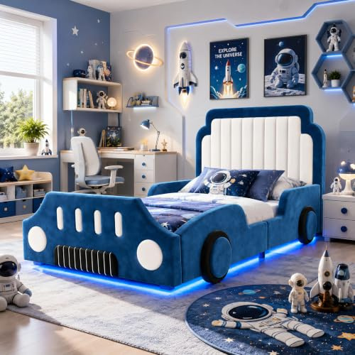 Kebnor Kinderbett 90 x 200cm, Polsterbett, Einzelbett, autoförmiges Design, mit Schutzgeländer, mit LED, samt, blau