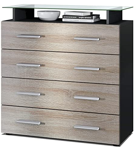 Vladon Sideboard Pavos V2, Kommode mit 4 Schubladen und Glasablage, Schwarz matt/Eiche sägerau (76 x 81 x 35 cm)