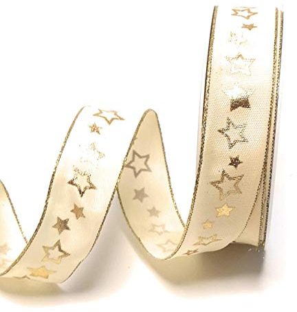 Schleifenband 20m x 25mm Creme - Gold Sterne Dekoband Geschenkband [1755]
