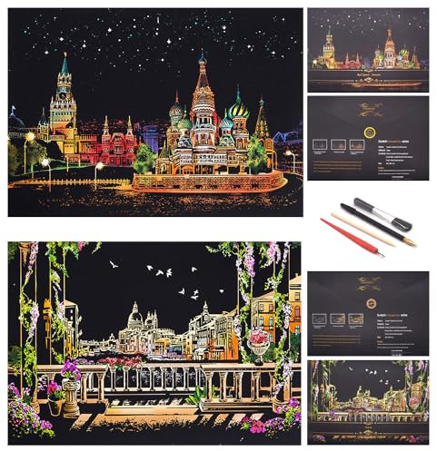 SiYear Scratch Paper Regenbogen Gemälde Skizze, City Series Night Scene, Scratch Painting Kreatives Geschenk, Scratchboard für Erwachsene und Kinder mit 4 Tools ''