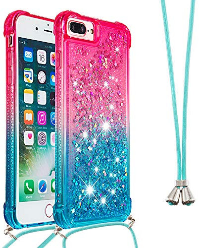 Handykette Handyhülle für iPhone 8 Plus / 7 Plus,Glitzer Quicksand kreatives Fließende Flüssigkeit schwimmt Silikon Case mit Umhängeband Handykordel Band Kette für iPhone 8 Plus,YB GS Pink Blue