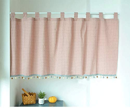 Yaland Elegant Schlaufenschal karo Gardine Karierte Küche Gardine Scheibengardine mit Kugeln-Kante Landhausstil Bistrogardine mit Raffhalter (HxB 80x80cm, pink) 1 Stück