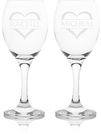 EIO Gifts Personalised Heart and Name Wine Glass Gift Set in Silk Lined Presentation Boxes - Enter Your Custom Engraving