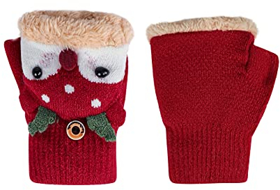 Halbfinger Handschuhe Junge Mädchen Strickhandschuhe Plüschfutter Flip-Top Handschuhe Fäustlinge Winddicht Fausthandschuhe Cartoon Kinderhandschuhe Gestrickte Handwärmer Gloves für 3-7 Jahre Kinder
