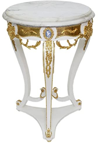 Casa Padrino Barock Beistelltisch Weiß/Gold - Runder Antik Stil Tisch mit Marmorplatte - Barock Wohnzimmer Möbel