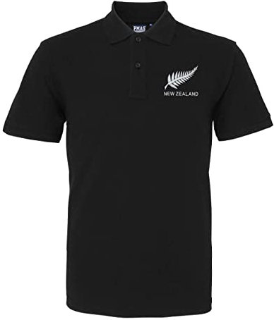 Rugby Mens Polo Shirt Personalised New Zealand Embroidered Classic Vintage Style in Black with Short Sleeves Best Gift for Unisex Adults (Large)