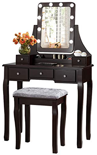 GOPLUS Schminktisch mit Spiegel und 10 LED-Birne, Kosmetiktisch mit 5 Schubladen und Organisator, Frisiertisch Holz, für Schlafzimmer (Braun)