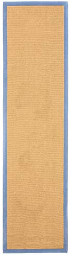 carpetfine Sisalteppich Läufer Naturfarbe 80x500 cm handgewebt mit Bordüre aus Baumwolle in Blau | Rutschfester Flachgewebe Teppichläufer Uni aus Naturfasern für Wohnzimmer, Schlafzimmer