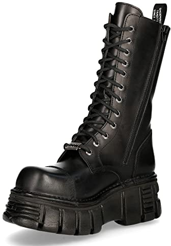 Stivali Unisex New Rock M-MILI211C-C1 in 100% Vera Pelle Nera Techno Metallizzati con Lacci da Motociclista 4