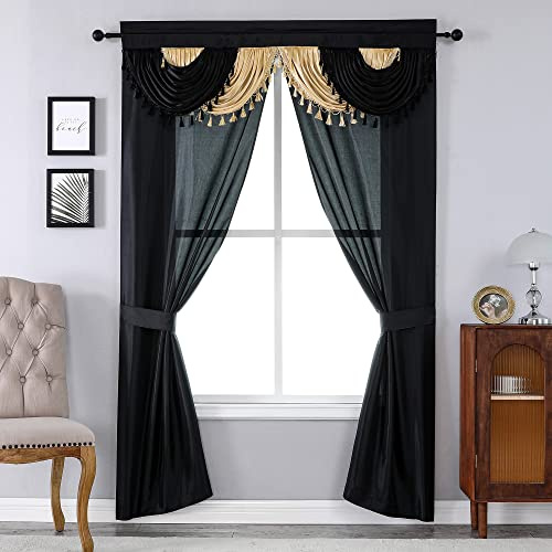 Regal Home Collections Amore 5-teiliges Fenstervorhang-Set, 137 cm B x 213 cm L, Paneele mit angenähtem Volant und 2 Raffhaltern, Gothic-Vorhänge für Schlafzimmer und Wohnzimmer, Schwarz/Gold