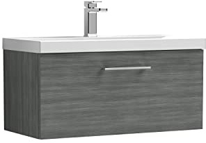 nuie ARN525D Arno Modern Bathroom Wall Hung 1 Drawer Vanity Unit with Thin-Edge Ceramic Basin, 800mm, Woodgrain Anthracite