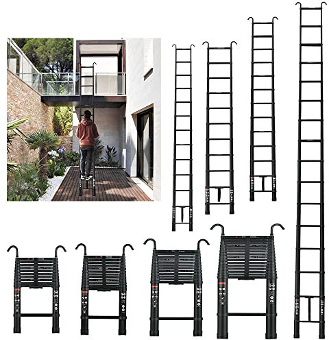 Scala Telescopica da 12,5FT con 2 Ganci, Antiscivolo, Multiuso Allungabile Scaletta Alluminio Capacità 150 kg, Rettilineo Telescopico Estensibile Builder Fornitura, per Progetto Portatile Compatto