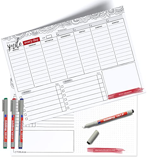 TOBJA Abwischbarer Wochenplaner mit Habit Tracker und To-Do-Liste, inklusive 4 wasserlöslicher Markenstifte - Weekly Ziele setzen & Merkliste erstellen | Wochenkalender in DIN A4 (Blatt + 4 Stifte)