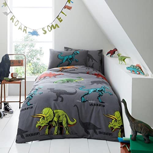 Slumber Nights Dino Friend Charcoal Duvet Cover and Pillowcase Set Kids Poly cotton Printed Bedding (Single Duvet Set)