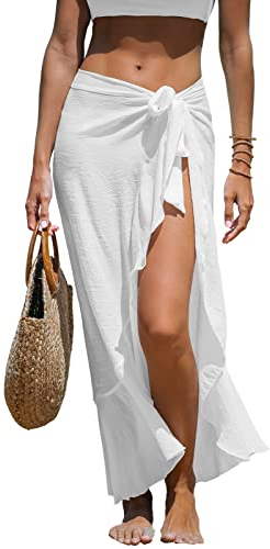 CUPSHE Damen Sarong Pareo High Waist Schnürung Rüschensaum Lang Strandtuch Sommer Bikini Cover Up Strandrock Weiß OneSize