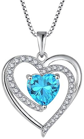 FJ Herz Kette Damen 925 Sterling Silber Aquamarin Kette März Geburtsstein Halskette Anhänger Schmuck Geschenke für Frauen Mutter Freundin Mama