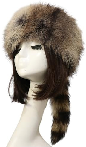 BELOWSYALER Winter-Plüschmütze mit Waschbärenschwanz, Unisex-Erwachsene, Plüsch-Flachzylinder-Mütze, süßer Stil, mongolische Mütze mit Waschbärenschwanz, Damen, Teenager, lässig, Winter, warm halten