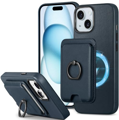 SHIELDON Genuine Leather Case for iPhone 15 Plus + Detachable Magnetic Card Holder with Secure-Grip Ring Stand, Magnetic Wireless Charging Protective Cover Compatible with iPhone 15 Plus - Navy Blue