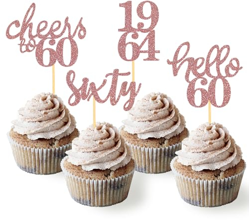 24 Pcs Glitter 60th Birthday Cupcake Toppers for Celebrating Sixty Years Old Birthday Party Decorations (Rose Gold)