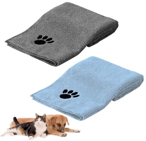 HUTVD Hundehandtuch 75 x 35 cm, 2 Stück Microfaser Handtücher für Hunde Katzen, Hundehandtuch Extra Saugfähig für Katzen Kuschelweich, Schnell Trocknend, Maschinenwaschbar (Grau+Blau)