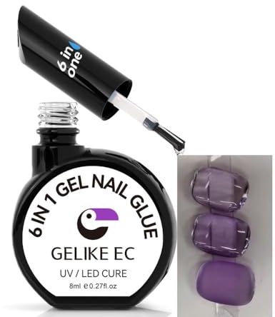 Gelike ec Pegamento de uñas extra fuerte para uñas postizas – 6 en 1 gelatina lila verano UV Nail Glue para prensa en uñas uñas suaves uñas pegamento para uñas falsas para salón de uñas DIY en casa