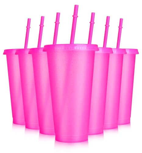 Hooqict 7 Sets Reusable Cups with Lids and Straws 24 oz Glitter Plastic Tumblers Pink Party Cups Water Bottle Iced Coffee Travel Mug for Kids, Adults, Summer Birthday Parties