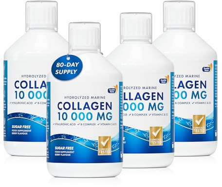 Swedish Nutra 10,000 mg Liquid Marine Collagen, 4 x 500 ml, 80 Day | Sugar-free hydrolysed peptides to minimise fine lines & wrinkles and boost skin elasticity; 100% natural berry flavour