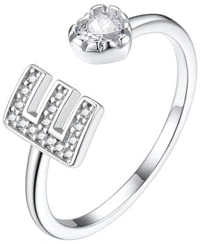 Suplight Buchstaben E Ring mit Zirkonia Damenring 925 Sterling Silber Initiale Ring Verstellbarer Fingerring Letter Ring Inkl. Geschenkbox für Frauen Mädchen