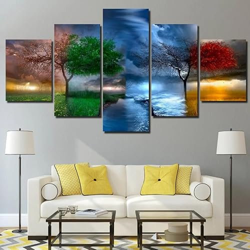 ZLCHYJ Leinwand Bilder 5 Stück 4 Jahreszeiten Wechselnde Farben Baum & Fluss Wandbilder Set Wanddekoration Leinwandbilder Dekoartikel 200X100(Kein Rahmen) Kreatives Geschenk
