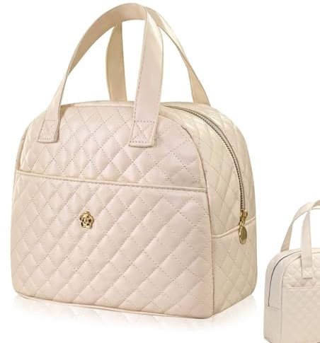 SMELEYOU Bolsa de almuerzo aislada de piel sintética, bolsa de almuerzo impermeable para mujer, bolsa de almuerzo reutilizable para mujer, lonchera multiusos, bolsa de almuerzo beige para el trabajo,