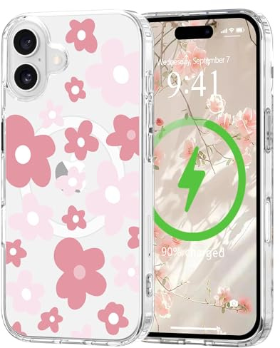 L-FADNUT Coque Magnétique pour iPhone 16 Motif de Fleur Rose | Coque Compatible avec MagSafe Transparente Silicone Fine Antichoc Coque de Protection