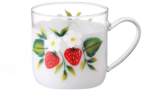 Cottea 350 ml/12oz Tasses en verre peintes à la main avec anse, tasse a cafe en verre transparent, tasses à thé pour boissons chaudes, verres a eau, lot de 1. (fraise)