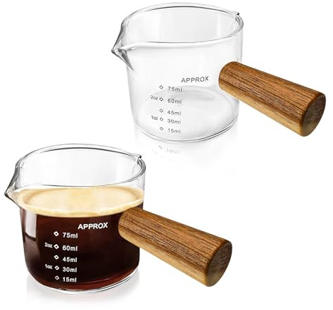 2 PCS Espresso Shot Glasses Set of 2, 75 ml Espresso Cups with Wood Handle, Double Spouts Measuring Triple Pitcher, Clear Glass Espresso Shot Glasses, Cups Espresso (Clear)