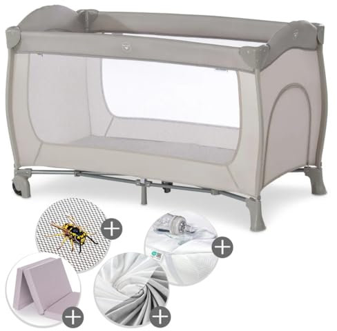 hauck Baby Reisebett Sleep N Play Go Plus XXL-Sparset mit Matratze, Insektenschutz, Betteinlage & Spannbettlaken - faltbares Kinder Babyreisebett mit Tasche - Beige