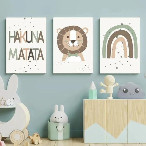 3 Bilder Kinderzimmer Jungen Grün Bilder Kinderzimmer Löwe Hakuna Matata Regenbogen Kinder Poster Boho Junge 30 x 40 cm Leinwand Wand Dekoration Babyzimmer Jungen Geschenk ohne Rahmen