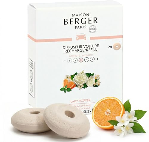 Maison Berger Luxury Car Diffuser Refill Set Lady Flower – Pack of 2 Ceramic Refills, 4-6 Week Passive Diffusion, Made in France