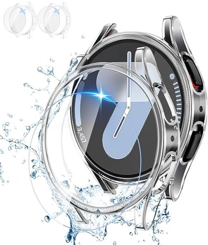 LINTEKER 2+2 Stück hülle für Samsung Galaxy Watch 6 44mm Schutzhülle, Hart PC Bumper + HD Anti-Beschlag gehärtetes Glas Displayschutz, Wasserdichtes Schutzfolie für Galaxy Watch 6 44mm, Transparent