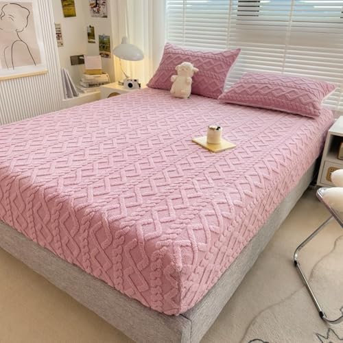 Velvet House Sheets 150x200 Rose Pink Solid Color Includes Fitted Sheet and 2 Pillowcases Soft Velvet Material Elastic All Around Fits Queen Size Bed Cozy Winter Bedding
