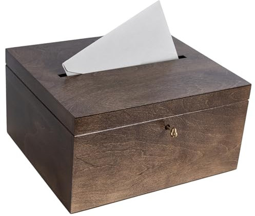 Creative Deco Braune Holzkiste mit Deckel Kartenbox Hochzeit | 29x25x15 cm | Geldgeschenke Holzbox mit Schlitz, Schloss und Schlüssel Geschenkkarten Box Geldbox Briefbox Kasten | Lagerung Spendenbox