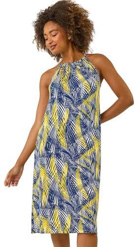 Roman Women Halterneck Midi Dress - Ladies Halter Neckline Maxi Spring Everyday Summer Holiday Sleeveless Soft Tie Waist Detail Keyhole Neck Gown Vacation Frocks - Yellow - Size 18